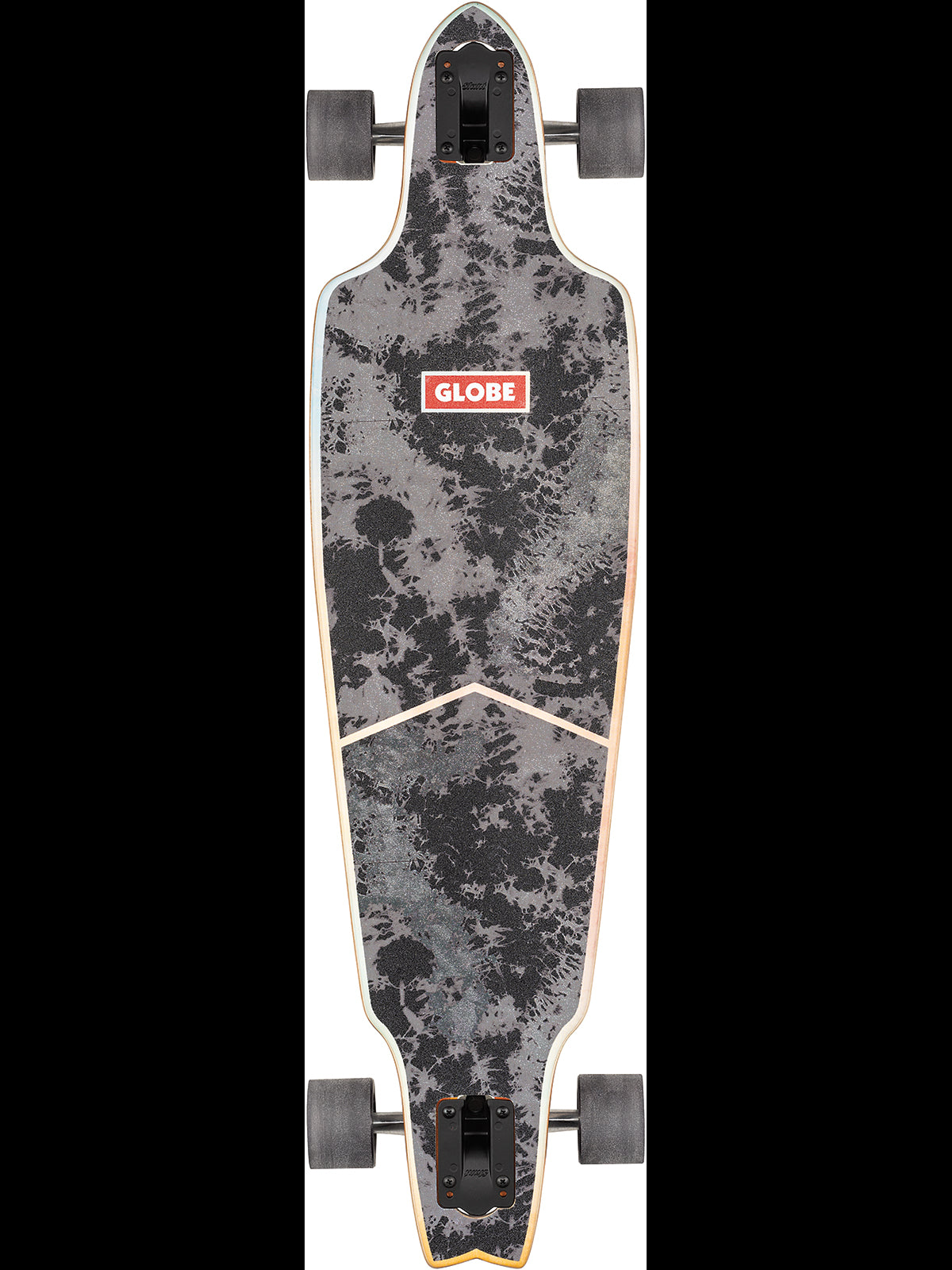 Top-down view of Prowler Classic longboard with dark marbled deck and red Globe logo
