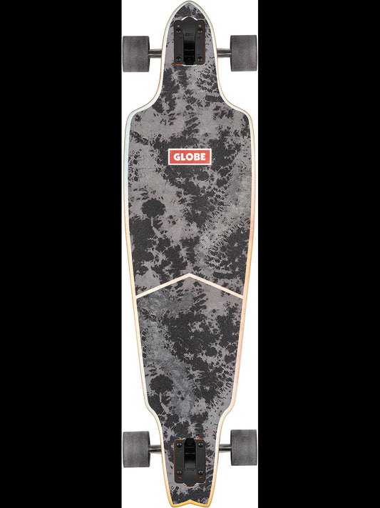 Top-down view of Prowler Classic longboard with dark marbled deck and red Globe logo