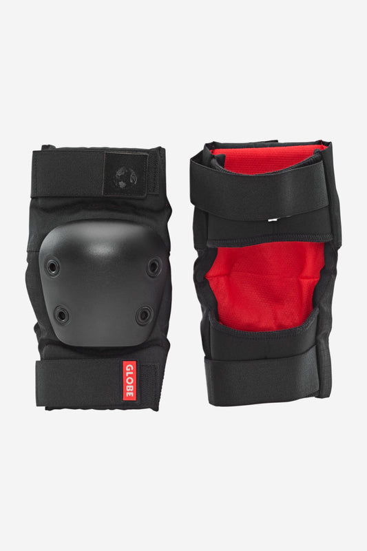 Two Goodstock Pad Set Safety Gear - Matte Black knee pads are shown side by side; one highlights the hard black protective shell, while the other reveals the red padded interior with adjustable black straps.