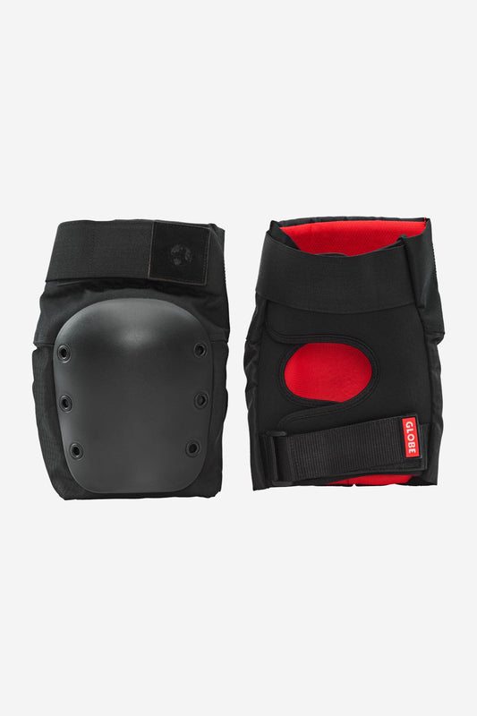 The Goodstock Pad Set Safety Gear - Matte Black is shown side by side: one pad reveals its hard protective shell, while the other displays the red interior lining, adjustable strap, and padding—crafted from heavy-duty nylon.