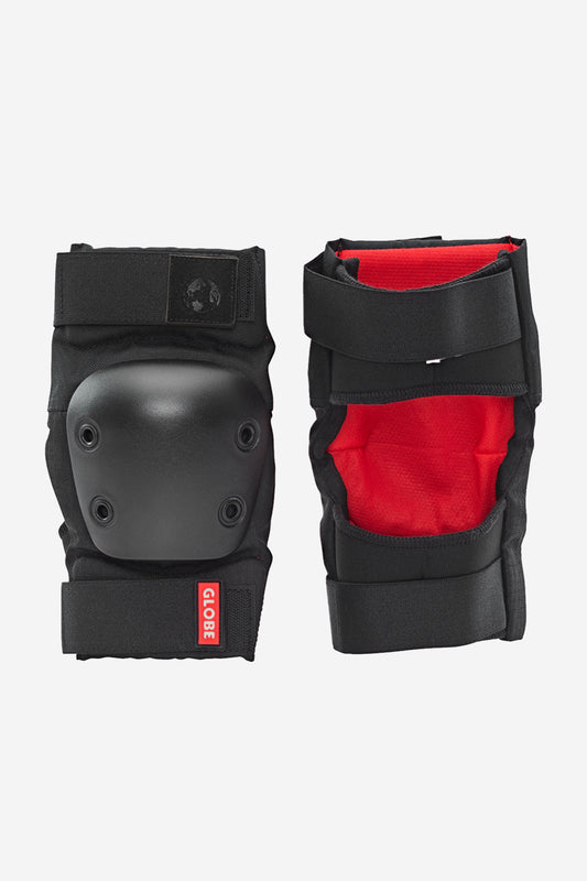 The Goodstock Pad Set Kids Safety Gear in matte black features two pads with red inner lining and adjustable straps—one displays the hard protective shell, the other shows the soft interior—perfect for reliable park performance.