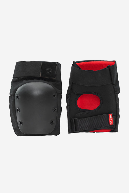 The Goodstock Pad Set Kids Safety Gear - Matte Black features a pair of black knee pads with hard shells, red interior lining, and adjustable straps for secure fit, offering excellent protection for kids.