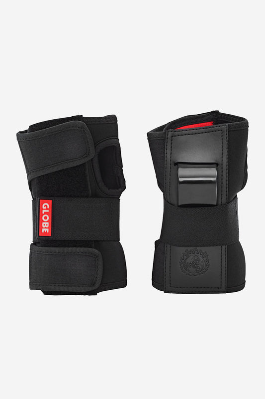 The Goodstock Pad Set Kids Safety Gear in matte black includes two wrist guards with adjustable straps and protective plates—one has a red Globe label, the other an embossed circle—shown side by side on a white background.