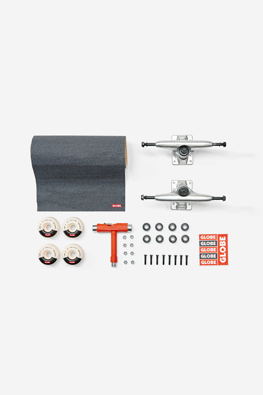 The Everything But The Deck Kit Accessories Hg 5.0" - Raw Finish is displayed on a white background, including grip tape, Slant trucks, four wheels, bearings, screws, nuts, a skate tool, and three Globe logo stickers.