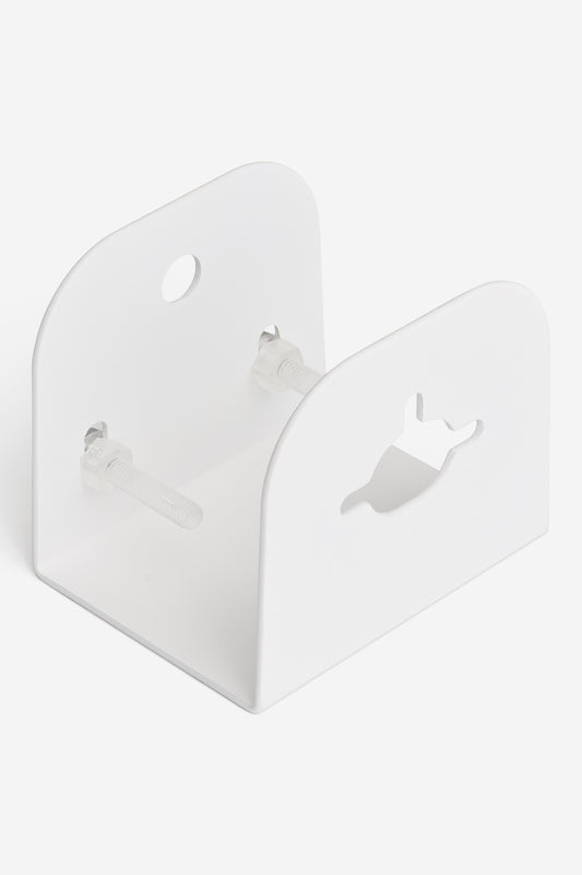 A white metal bookend features two vertical panels—one with a cat head cut-out, the other with a round hole—secured by screws like those in Skateboard Deck Wall Hanger Accessories Hg 1sz" - White.