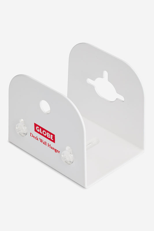 The "Skateboard Deck Wall Hanger Accessories Hg 1sz" - White features two side panels, a mounting hole, screws, and "GLOBE Deck Wall Hanger" in red on the front—ideal for displaying your skateboard deck on the wall.