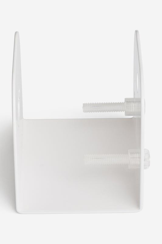The Skateboard Deck Wall Hanger Accessories Hg 1sz" - White is a metal L-shaped bracket with two transparent acrylic deck bolts, shown against a plain white background.
