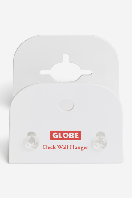 The "Skateboard Deck Wall Hanger Accessories Hg 1sz" in white features two clear pegs, a wall mounting hole, and "Deck Wall Hanger" in red on the front—a stylish way to display your skateboard deck.