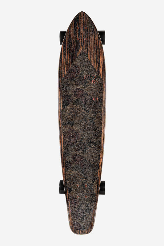 The Byron Bay Longboard 43" - Ebony/Nightshade features a squash tail, dark wood grain Resin-8 hard rock maple deck, black grip tape, and black wheels, shown from above on a white background.