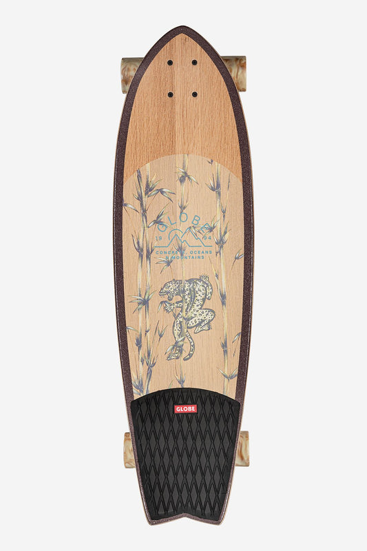 The Chromantic Cruiserboard 33" - White Oak/Jaguar features a jaguar graphic, white oak deck, black grip pad at the tail, tan wheels, and a red Globe logo near the tail for a surf-inspired look.