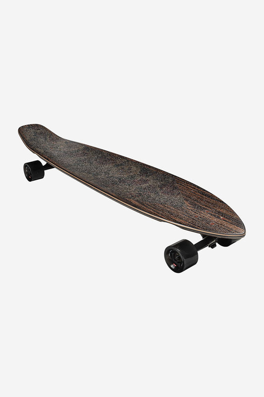The Byron Bay Longboard 43" - Ebony/Nightshade features a squash tail, is crafted from Resin-8 hard rock maple with a dark, textured wooden deck and black cruiser wheels, shown on a plain white background.