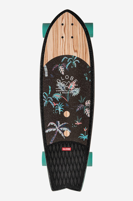 The Sun City Cruiserboard 30" - Olivewood/Neon Jungle features black grip tape with colorful palm tree designs, a woodgrain top section, teal wheels, and Globe branding. Made from durable Resin-7 hard rock maple for lasting performance.