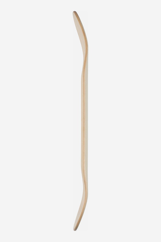 The Goodstock Deck 8.0" - Off White is shown from the side, highlighting its curved concave shape and upturned nose and tail, with a plain surface and no wheels or grip tape attached.