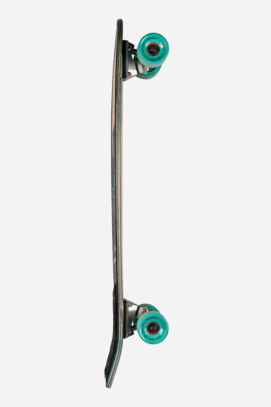 Side view of the Sun City Cruiserboard 30" - Olivewood/Neon Jungle, featuring a Resin-7 hard rock maple deck in black with turquoise wheels. Vertically displayed against a white background, its curved nose and tail are clearly visible.